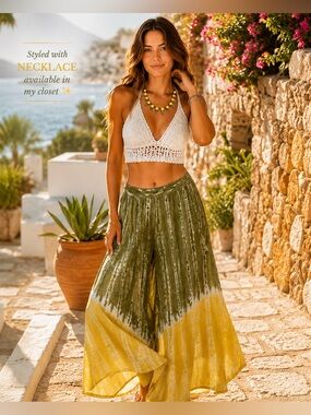 Rhea Tie Dye Wide Leg Pants One Size NWT Olive Green Yellow Boho